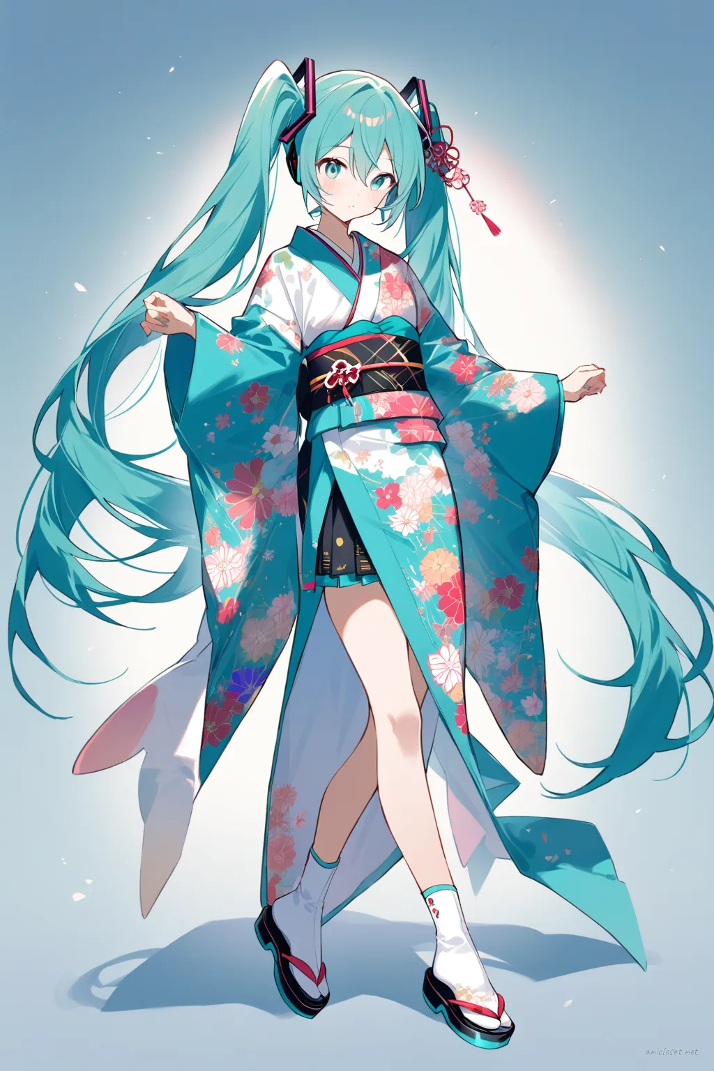 Full-body three-quarter view illustration of Hatsune Miku wearing a modern kimono with asymmetric obi, short sleeves, layered collar, patterned fabric, tabi socks, and zori sandals against a clean studio background