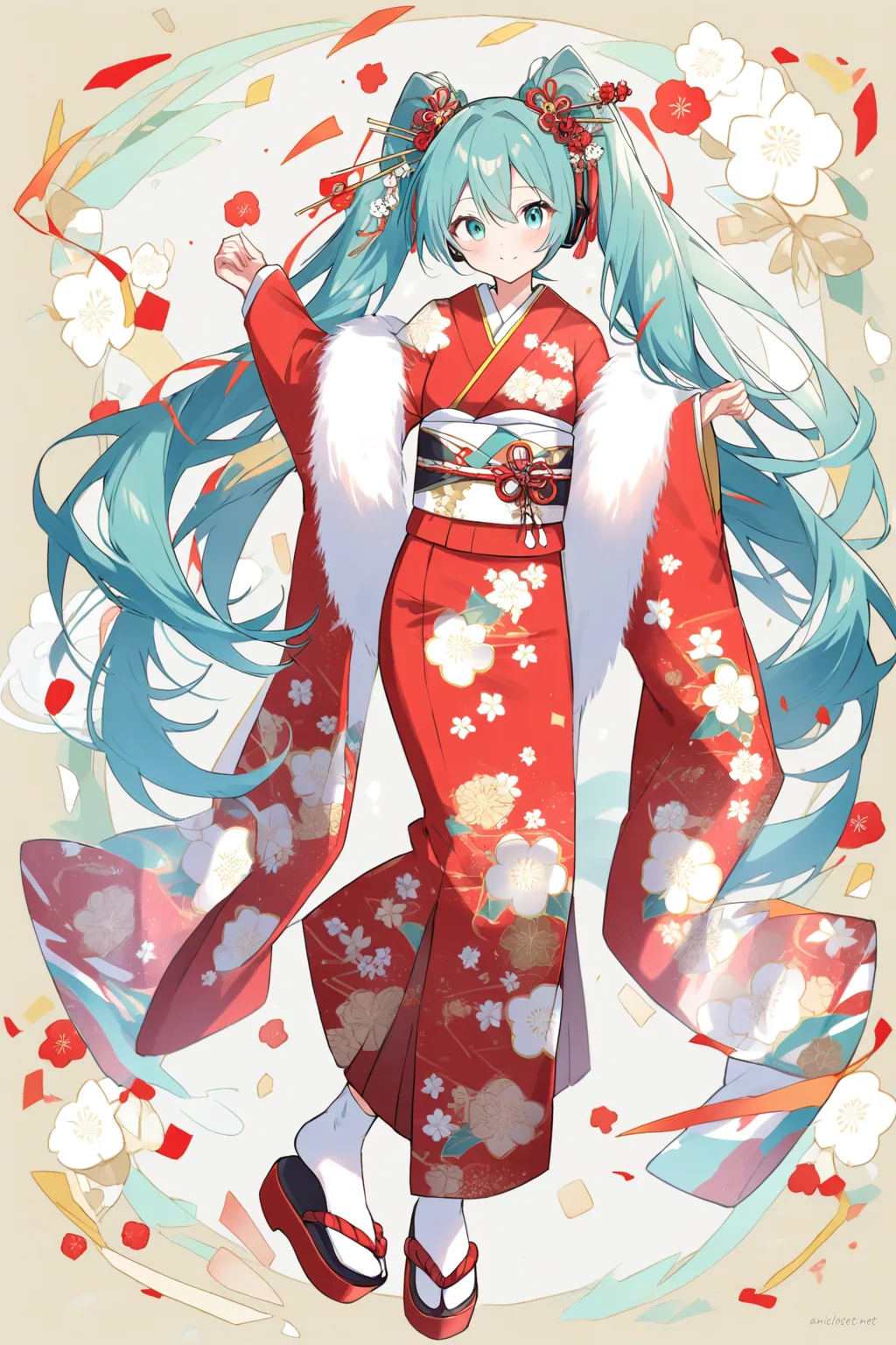 Illustration of Hatsune Miku wearing a red kimono with white floral patterns, white obi, red obiage and obijime, white tabi socks, and zori sandals, posed knee-up with soft studio lighting on a clean background