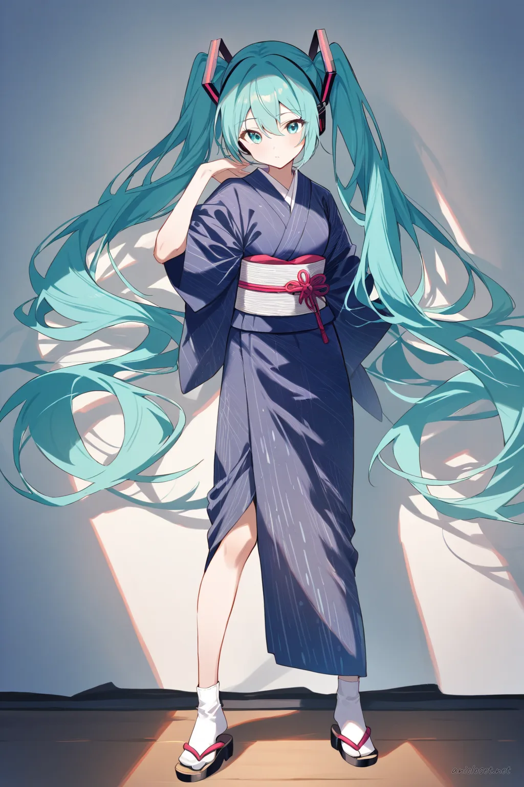 Full-body illustration of Hatsune Miku wearing an indigo kasuri kimono with rustic texture, standing in a clean studio with visible zori sandals and white tabi socks