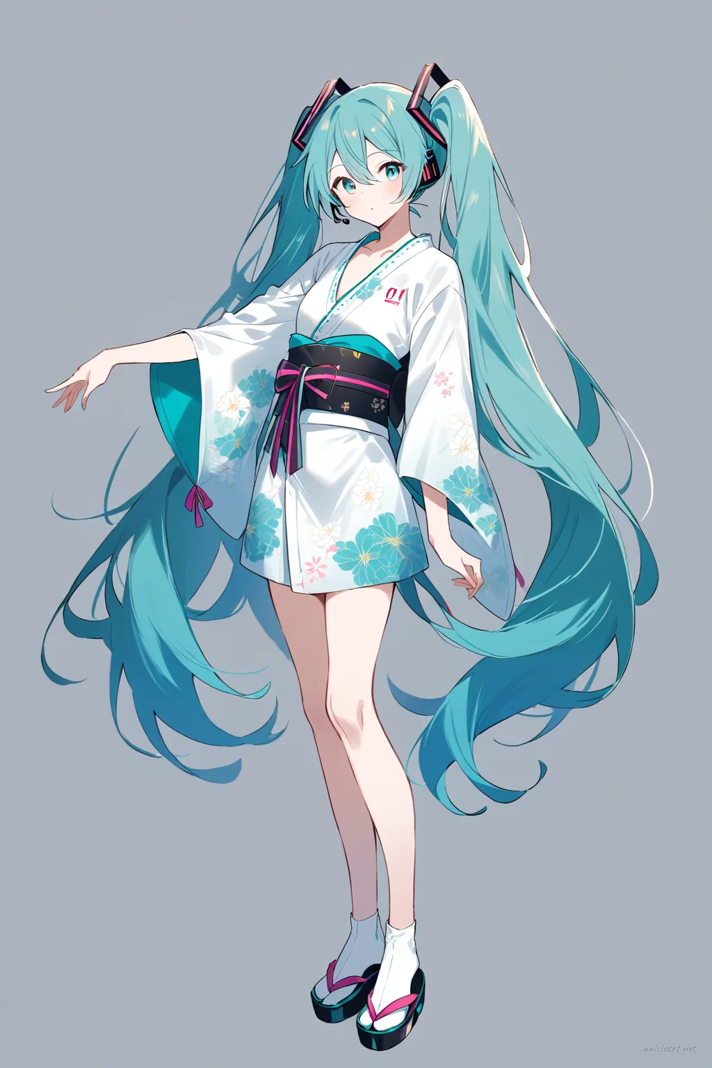 Knee-up half-body illustration of Hatsune Miku wearing a short modern kimono dress hybrid with floral patterns, sheer sleeves, wide obi belt, tabi socks, and zori sandals, set against a clean background with soft studio lighting