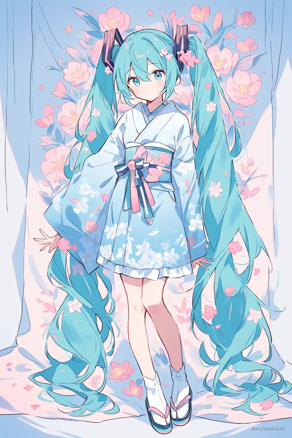 Illustration of Hatsune Miku wearing a pastel blue kimono with floral patterns, light gray obi, and simple hair ornament in soft studio lighting