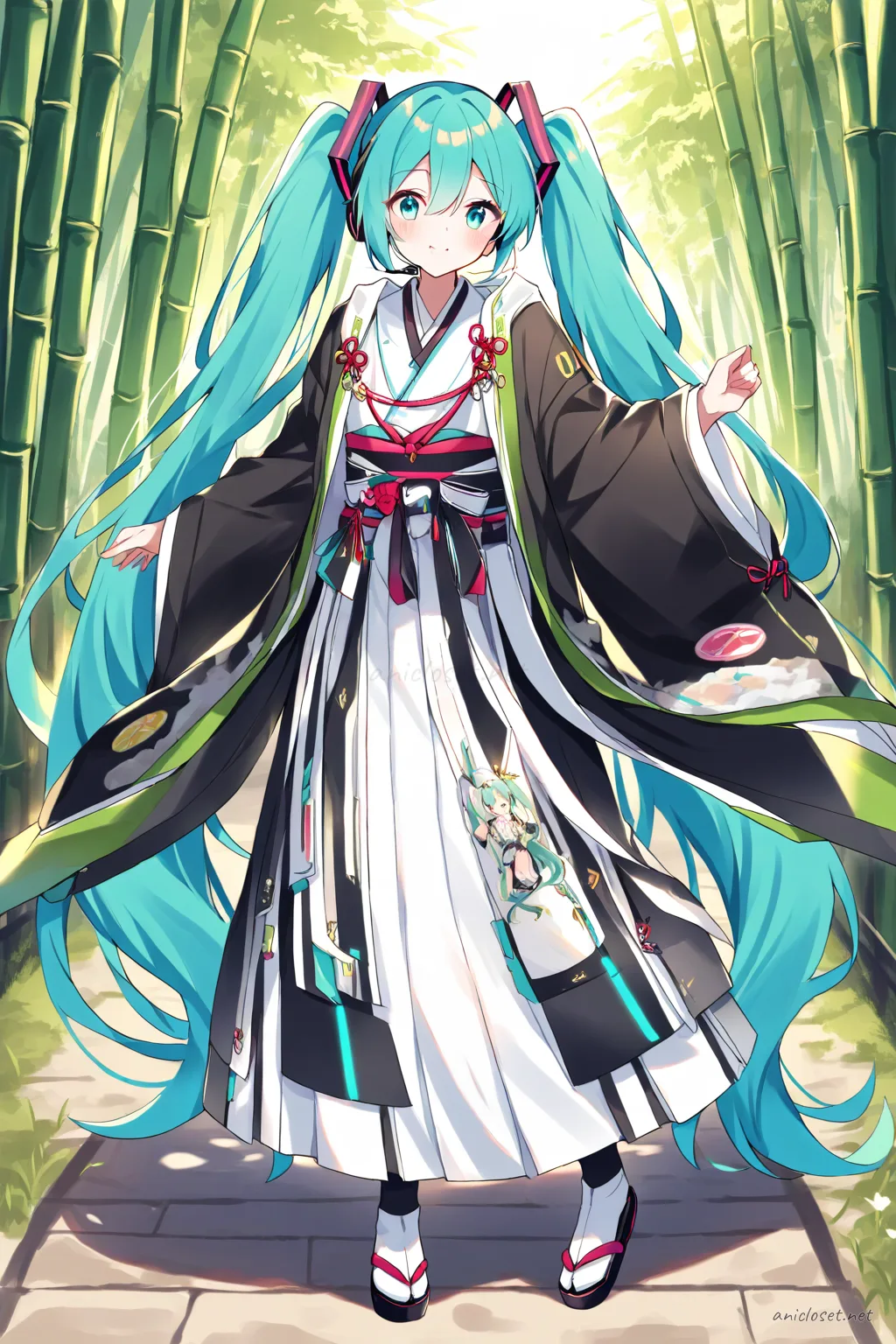 Full-body illustration of Hatsune Miku wearing onmyouji-inspired layered kimono robes with paper charm accessories, standing in a clean studio