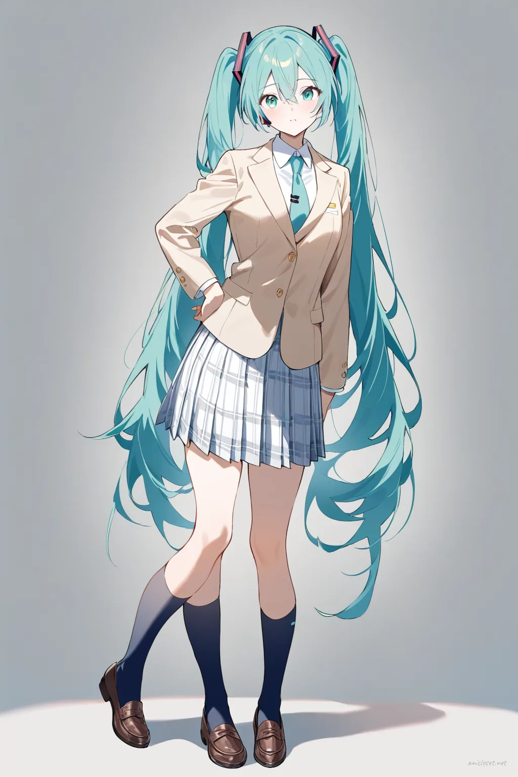 Full-body three-quarter view of Hatsune Miku wearing a beige blazer, white dress shirt, navy necktie, pleated plaid skirt, knee-high navy socks, brown loafers, and carrying a school bag against a simple studio background