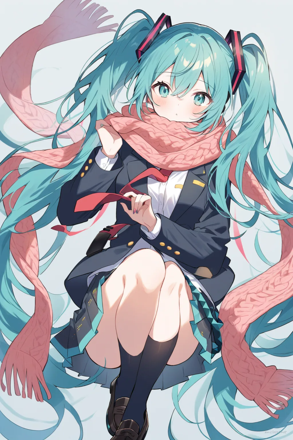 Full-body illustration of Hatsune Miku wearing a black blazer winter uniform with a dark gray scarf, red necktie, pleated skirt, knee socks, and black loafers, standing against a clean studio backdrop