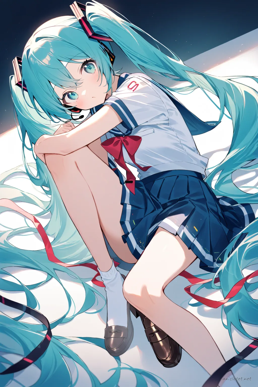 Full-body three-quarter view illustration of Hatsune Miku wearing a summer sailor uniform with short sleeve blouse, navy blue sailor collar with white stripes, red ribbon necktie, pleated navy blue skirt, white ankle socks, and brown loafers on a simple studio background