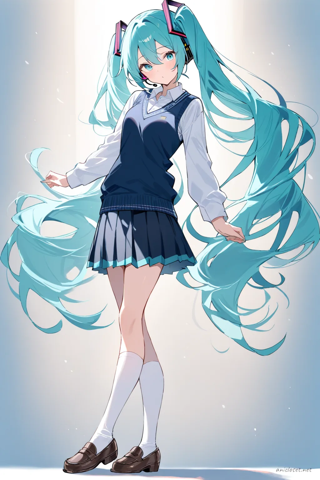 Knee-up half-body illustration of Hatsune Miku wearing a navy blue sweater vest over a white long-sleeve shirt and pleated school skirt, with knee-high socks and loafers against a simple studio background