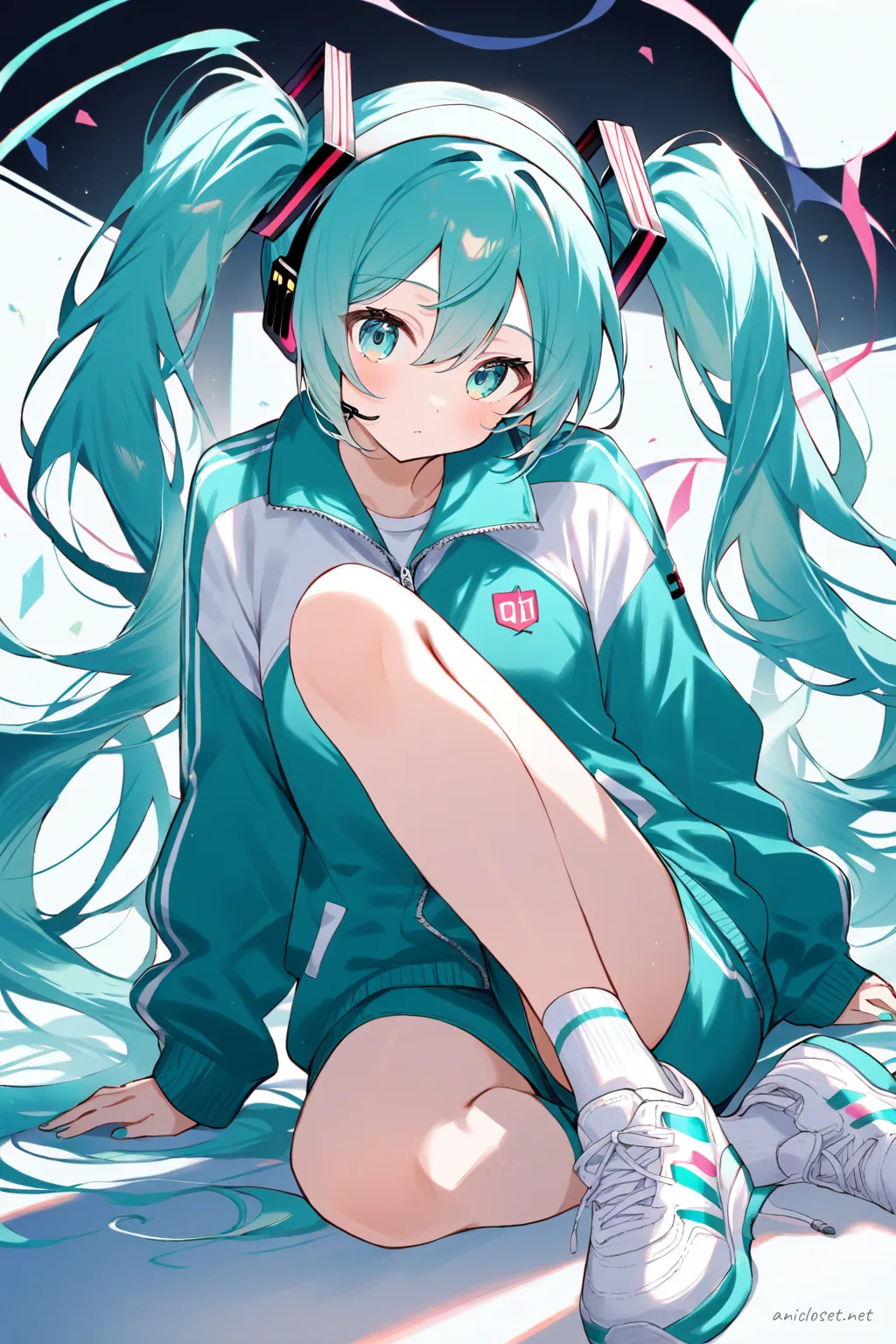 Knee-up half-body illustration of Hatsune Miku wearing a gym tracksuit school jersey set with emblem patch and white sneakers against a clean studio background