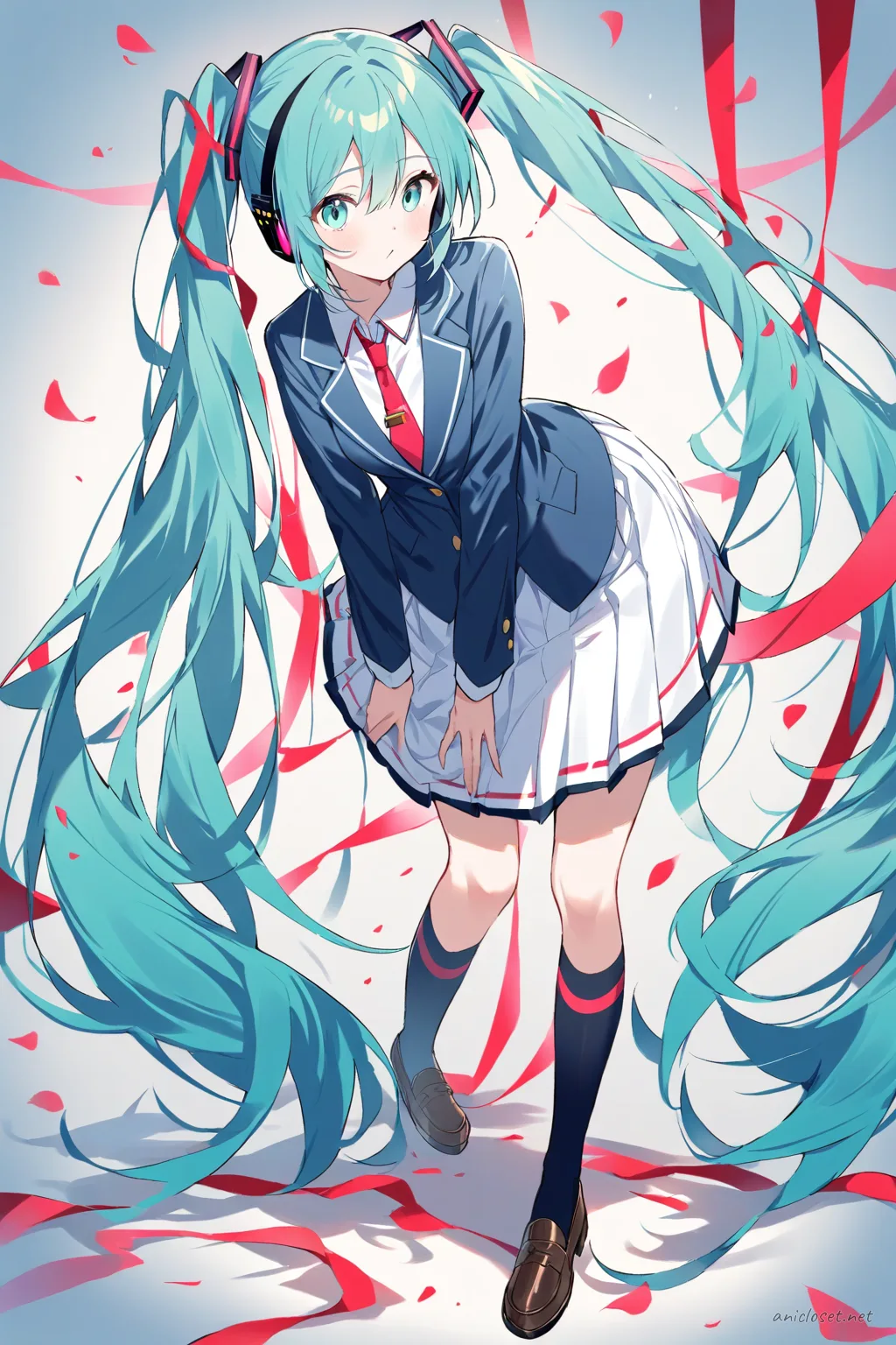 Full-body illustration of Hatsune Miku in a long skirt formal school uniform standing against a clean studio backdrop