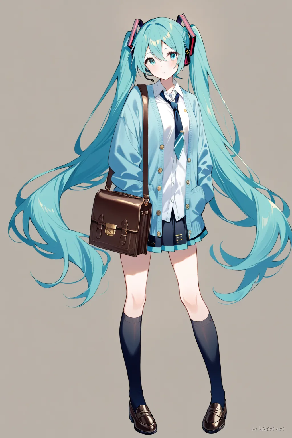 Full-body illustration of Hatsune Miku wearing a white blouse, navy blue cardigan, pleated skirt, knee-high socks, brown loafers, and carrying a leather book bag, standing against a clean studio background