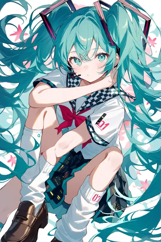 Knee-up half-body illustration of Hatsune Miku wearing a checkered skirt serafuku with loose socks and loafers, soft studio lighting