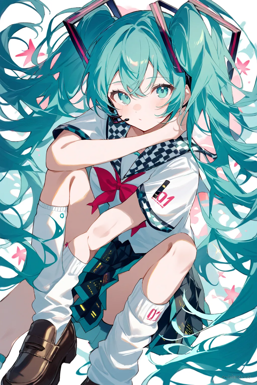 Knee-up half-body illustration of Hatsune Miku wearing a checkered skirt serafuku with loose socks and loafers, soft studio lighting