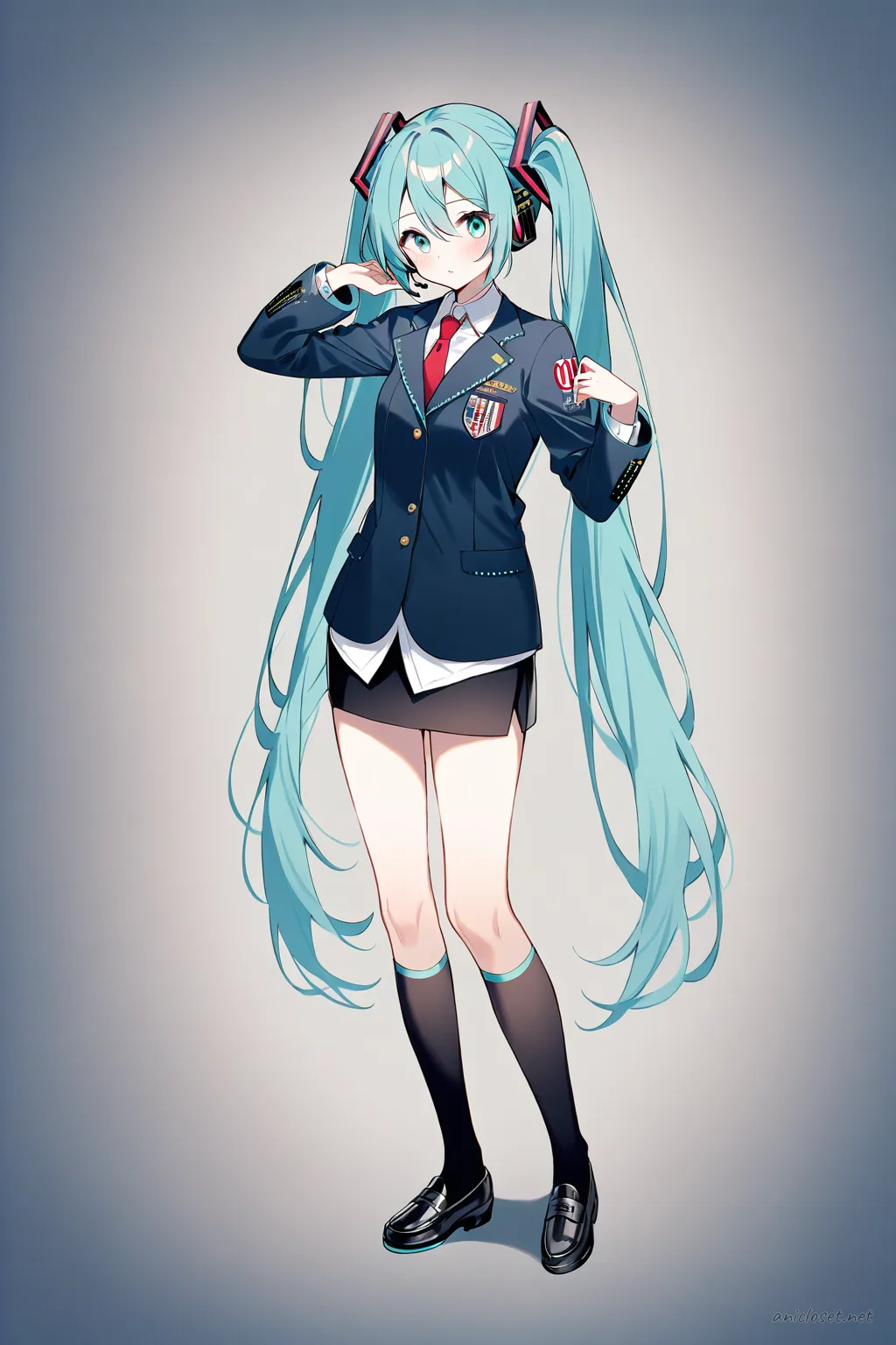 Full-body illustration of Hatsune Miku in a navy private academy blazer with emblem, white shirt, red necktie, black pencil skirt, knee-high socks, and loafers against a clean studio backdrop