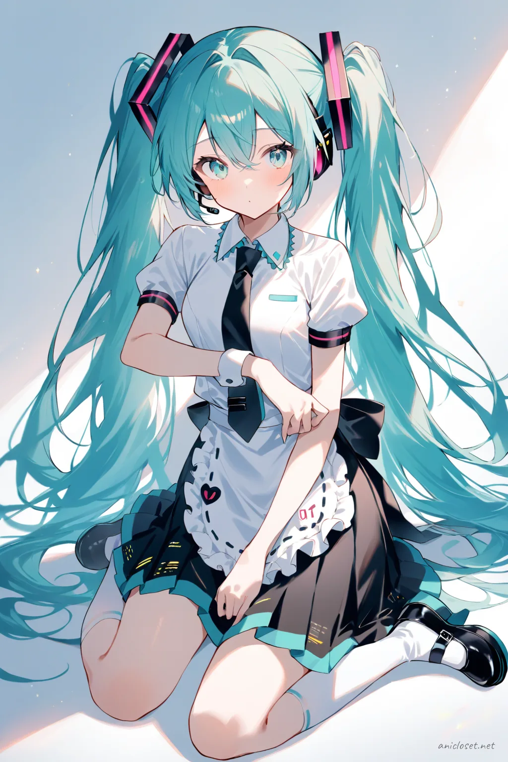 Full-body illustration of Hatsune Miku in school outfit with black maid-cafe apron, white blouse, navy skirt, white knee-high socks, and black mary jane shoes on a clean studio backdrop