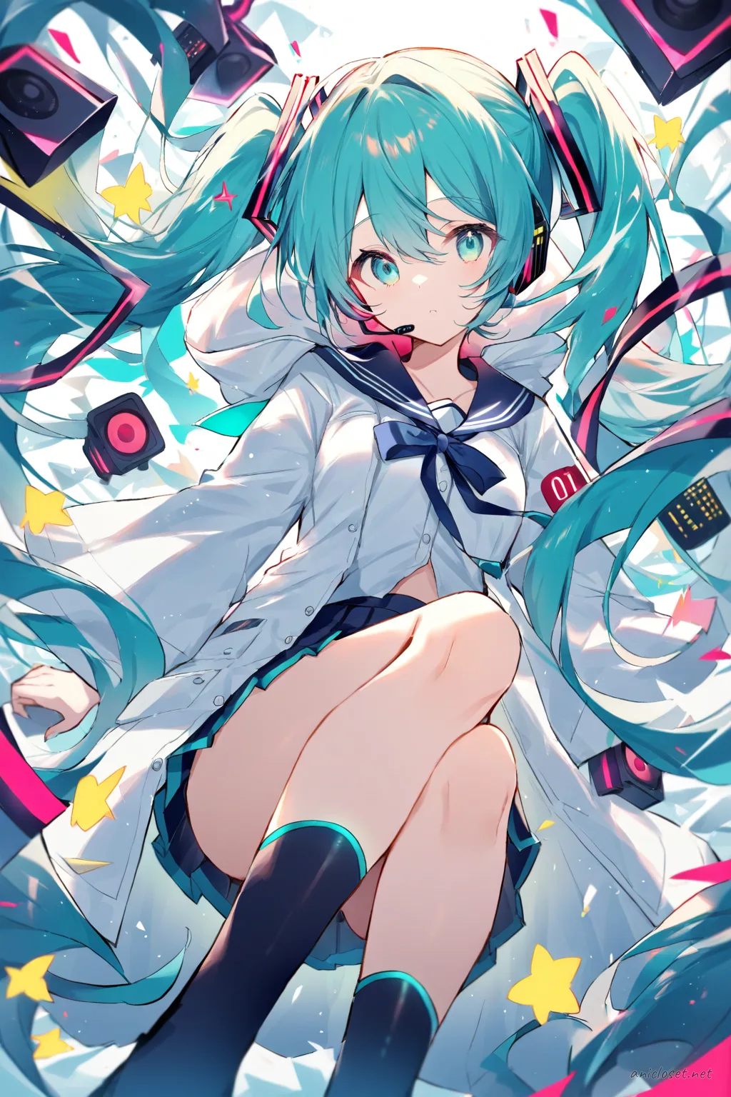 Full-body illustration of Hatsune Miku in a yellow hooded raincoat over navy sailor uniform, holding a transparent umbrella, standing against a plain studio background