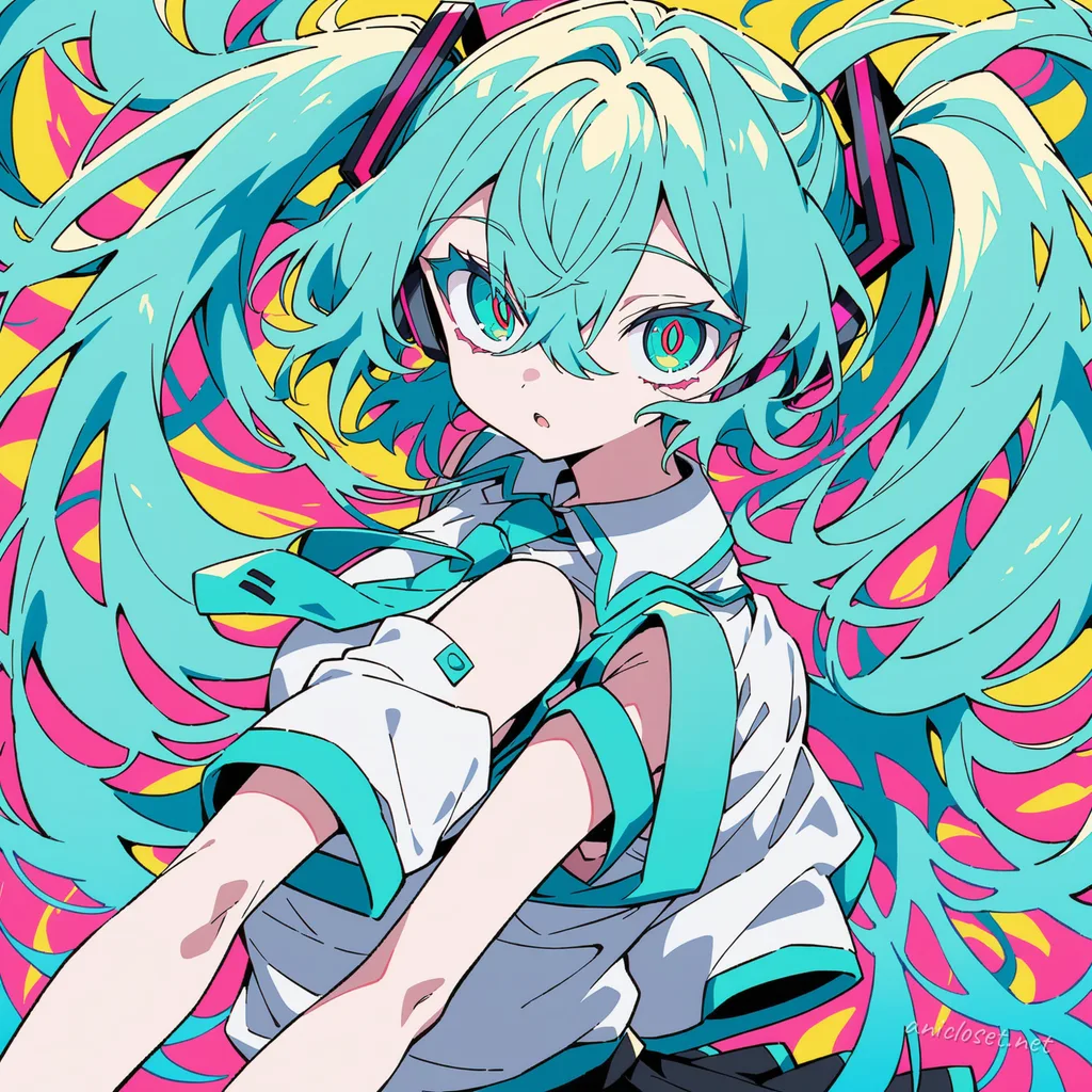 Illustration of Hatsune Miku in her iconic turquoise sleeveless blouse and pleated mini skirt, knee-up pose with soft studio lighting and gradient background