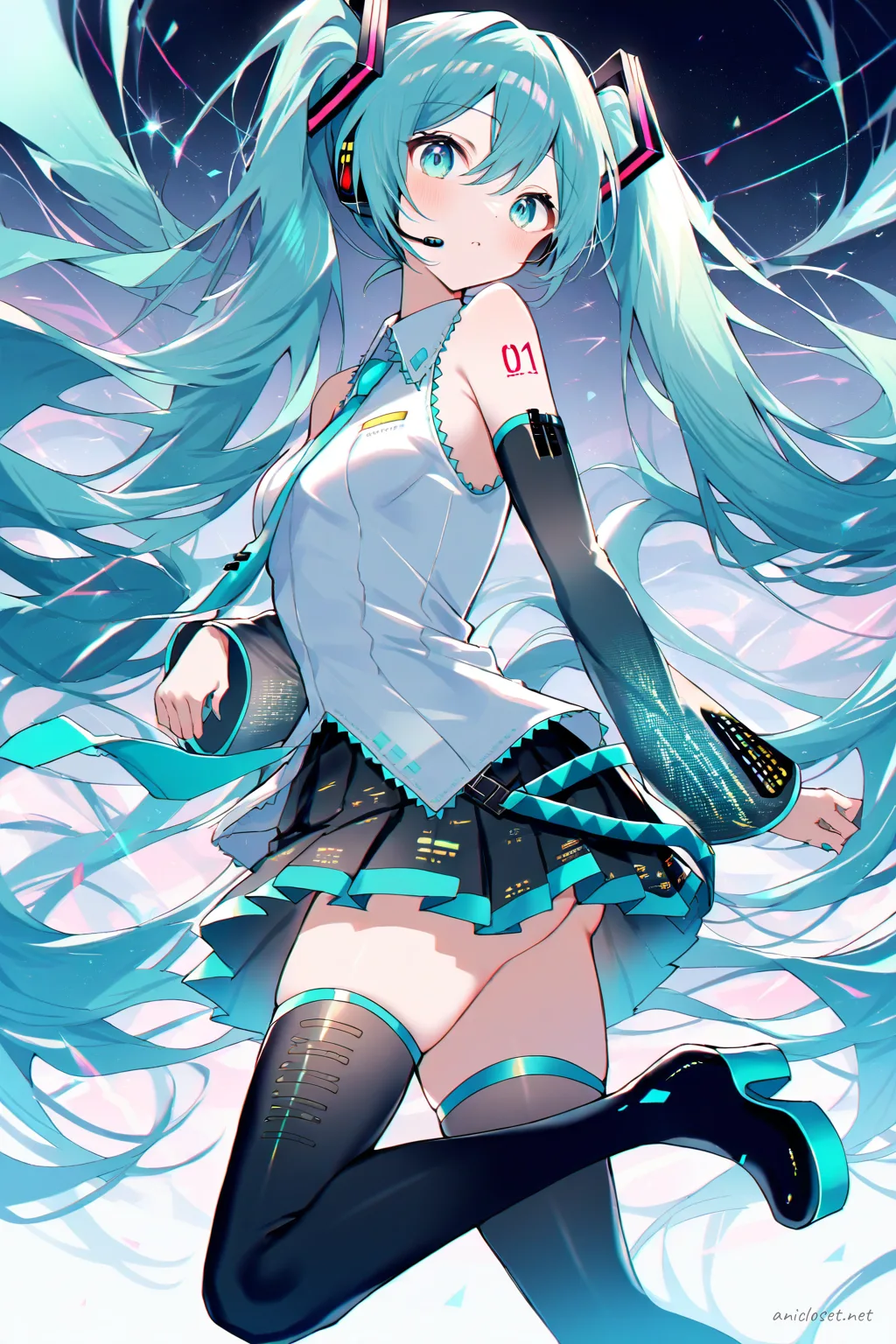 Full-body three-quarter view illustration of Hatsune Miku in her Signature Look 02, wearing a sleeveless collared blouse, teal-gray necktie, pleated mini skirt, arm warmers, fingerless gloves, thigh-high stockings, black platform boots, and a digital wrist cuff against a clean studio background