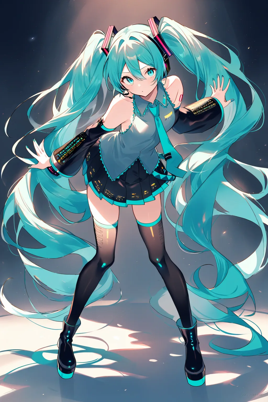 Full-body illustration of Hatsune Miku in her Signature outfit variant 03, standing with alternate platform boots against a plain studio background