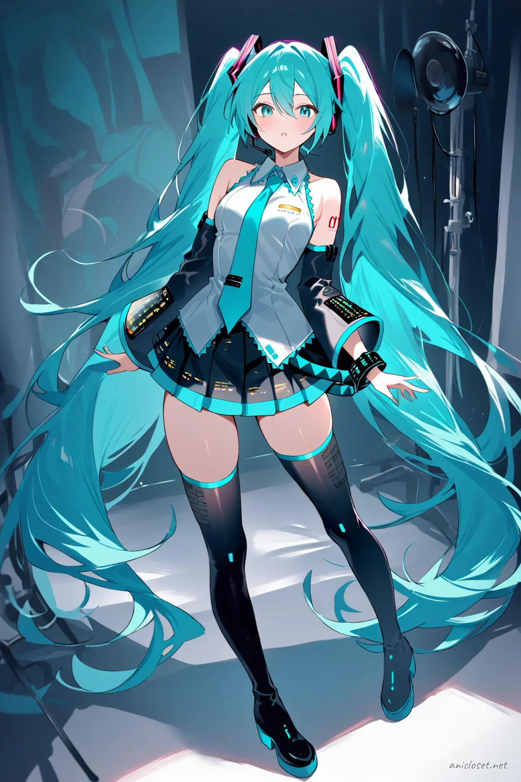 Full-body illustration of Hatsune Miku wearing a turquoise sleeveless tie, black pleated mini skirt, grey long-sleeve coat, teal arm warmers, black thigh-high socks, and teal platform boots, standing against a clean studio backdrop.