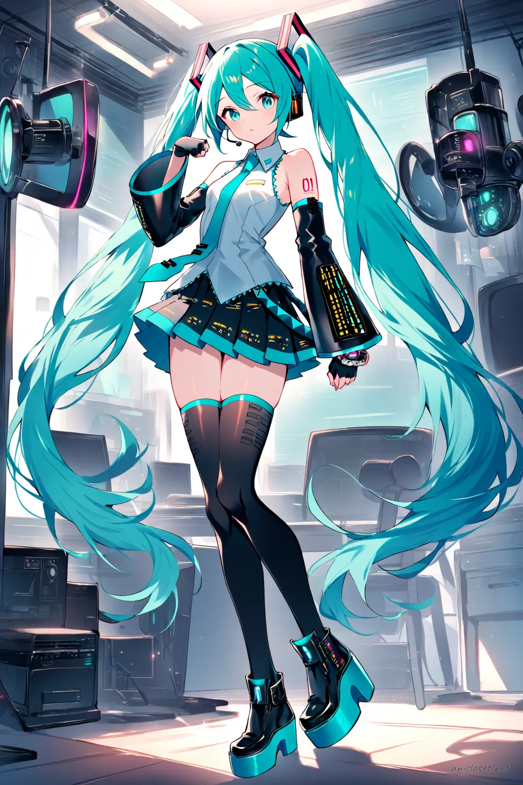 Full-body illustration of Hatsune Miku in her Signature outfit variant 05 with sleeveless collar shirt, necktie, pleated skirt, arm gauntlets, fingerless gloves, thighhigh socks, and platform shoes against a clean studio backdrop