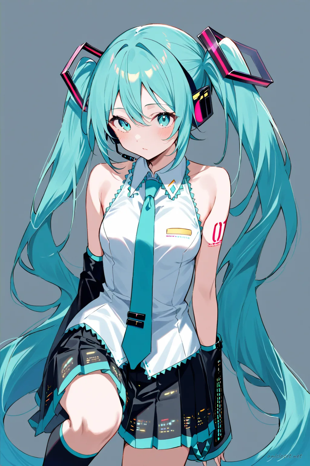 Full-body illustration of Hatsune Miku in her Signature look variant 06, standing in a clean studio backdrop wearing a sleeveless collared shirt, necktie, pleated skirt, arm warmers, thighhighs, platform boots, and an alternate hair ornament