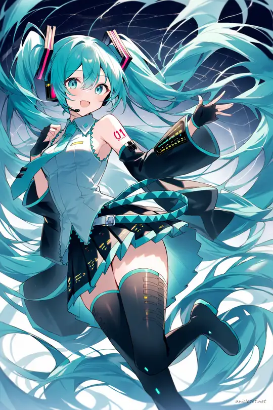 Knee-up half-body illustration of Hatsune Miku in turquoise sleeveless blouse, soft gray cardigan, pleated black mini skirt, sheer black thighhighs, teal ribbon necktie, and black loafers against a clean studio background