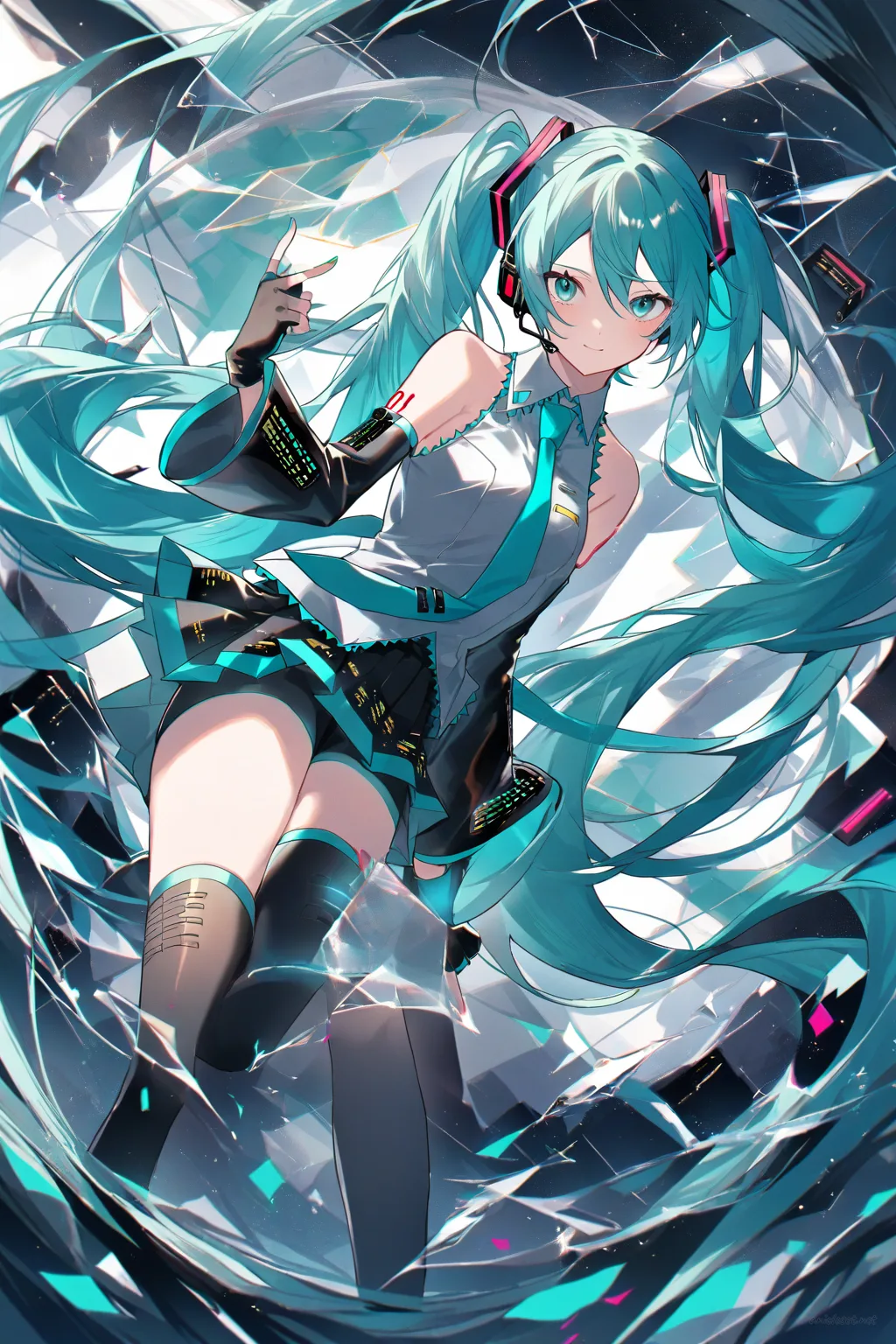 Full-body three-quarter view illustration of Hatsune Miku in her Signature Look 09 outfit with sleeveless collar shirt, necktie, pleated miniskirt, arm warmers, thighhighs, and platform boots under evening studio lighting
