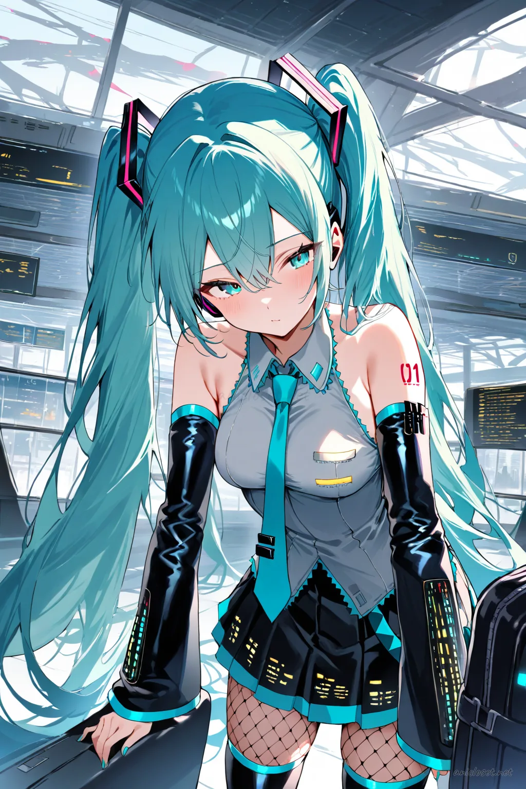 Illustration of Hatsune Miku in her turquoise sleeveless blouse and pleated mini skirt with wind-blown fabric on a cliffside under cinematic clouds