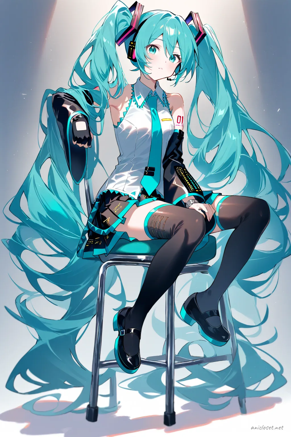 Full-body three-quarter view of Hatsune Miku seated wearing turquoise sleeveless collared blouse, black pleated mini skirt, teal necktie, black thigh-high stockings, black platform Mary Jane shoes, black fingerless gloves, and silver digital wristwatch against a clean studio background