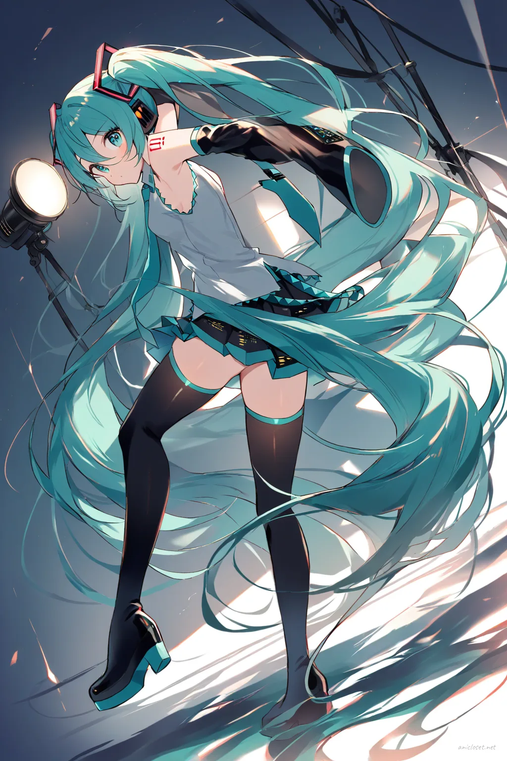 Illustration of Hatsune Miku in her Signature look variant 12, showing a three-quarter back pose with turquoise sleeveless blouse, black pleated mini skirt, teal necktie, detached black arm warmers with teal trim, black thigh-high stockings with teal bands, black platform shoes, and hair ornament on a clean white background
