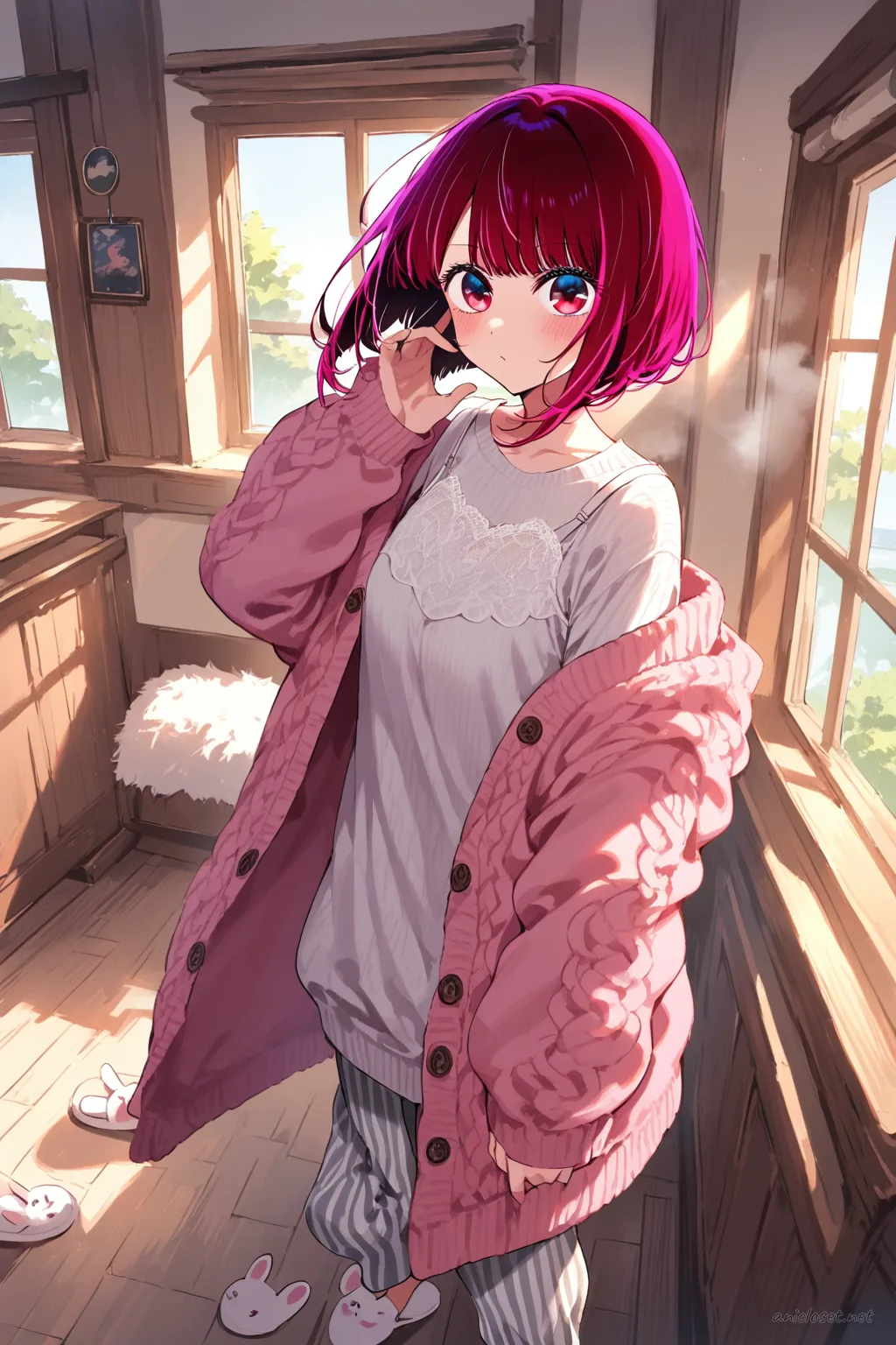 Kana Arima wearing a chunky oversized cardigan over lace camisole, soft striped pajama pants, and bunny slippers, seated sideways on a window seat holding a steaming mug in afternoon light