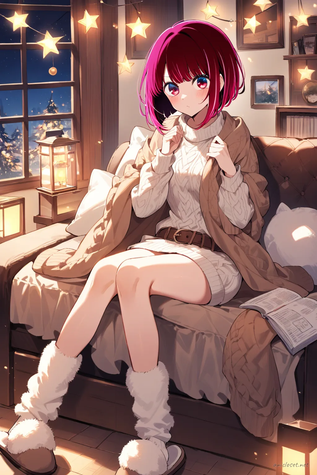 Kana Arima in cream knit sweater dress with belt, knee socks, and slippers, seated on sofa holding magazine with throw blanket