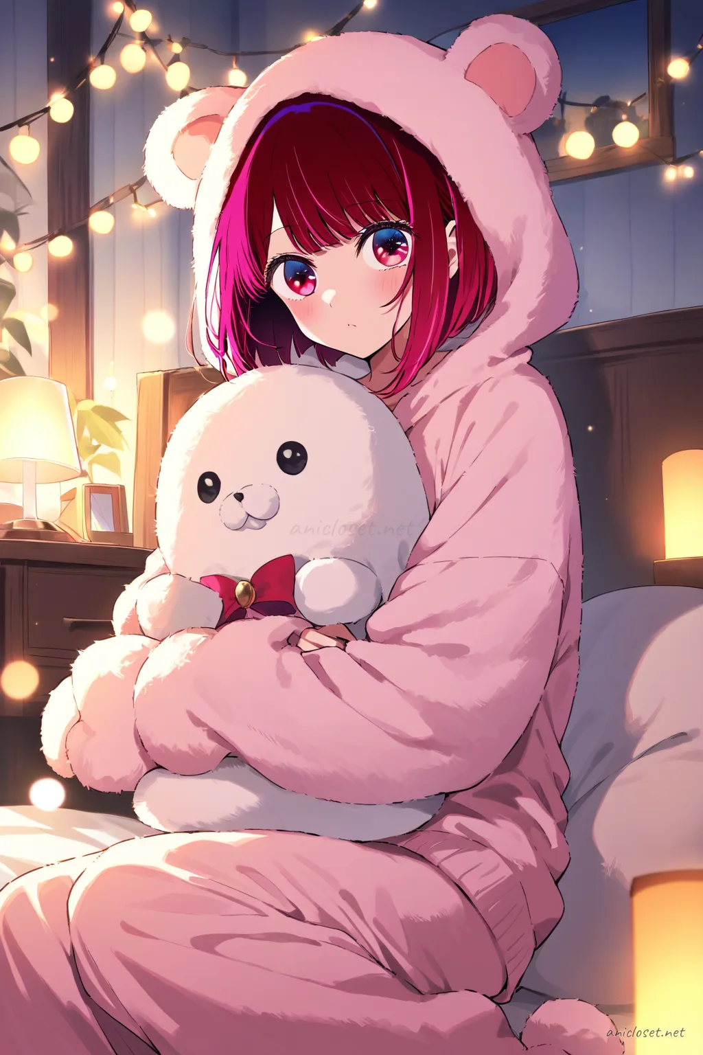 Full body front view of Kana Arima in pastel one-piece animal kigurumi pajama with plush hood and paw cuffs, hugging plush toy on beanbag with fairy lights