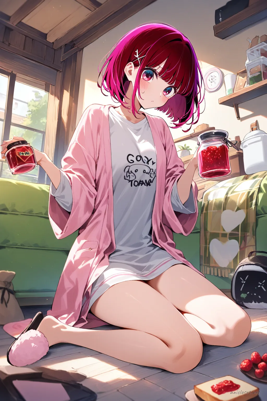 Full body front view illustration of Kana Arima wearing a satin robe over a graphic tee dress, house slippers, and hair clip, leaning in kitchen doorway holding toast and jam jar