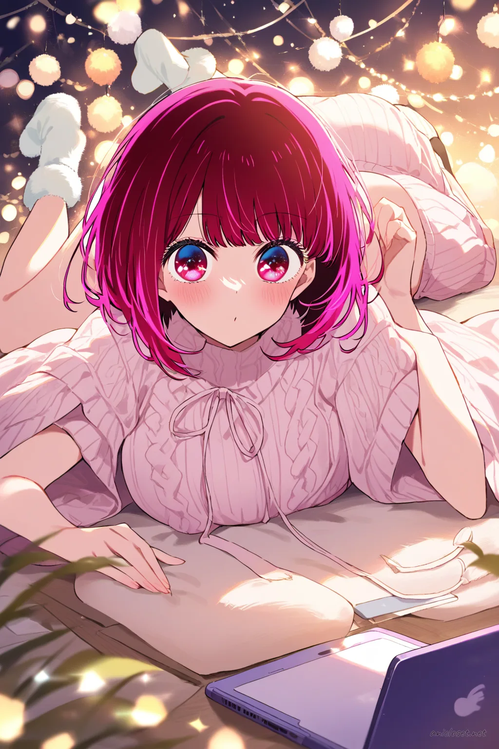 Full-body three-quarter view of Kana Arima lying stomach-down on bed wearing pastel ribbed crop top and drawstring lounge pants with fuzzy socks, using laptop under fairy lights