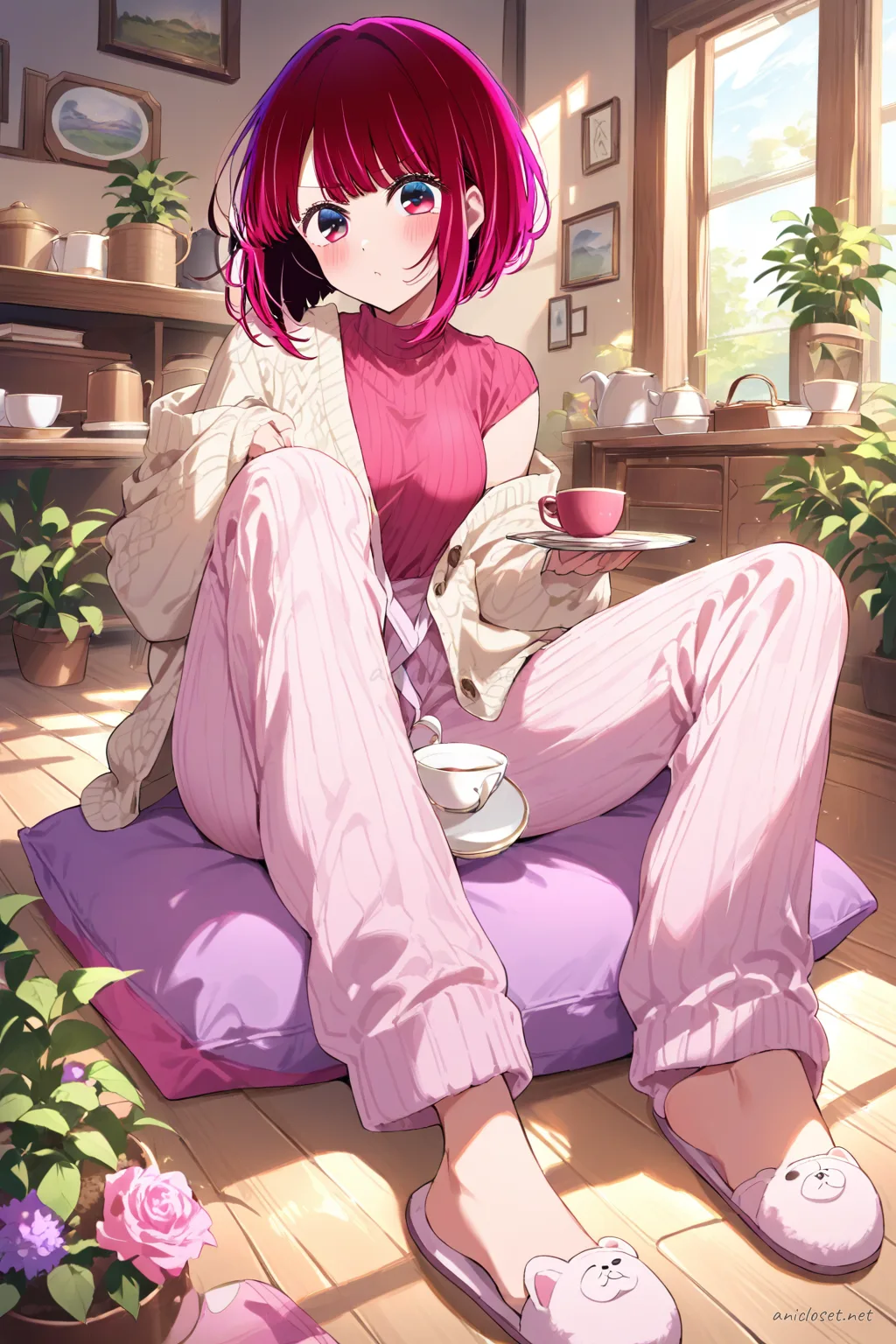 Illustration of Kana Arima seated cross-legged on a floor cushion wearing a soft ribbed tank top, short knit cardigan, wide pastel pants, and hair ribbon, with a tea tray and indoor plants nearby