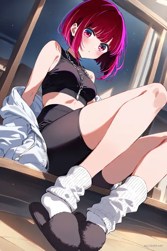 Kana Arima wearing a half-open zip hoodie over a black sport bra top and black bike shorts, stretching on a yoga mat in a tidy living room with soft studio lighting