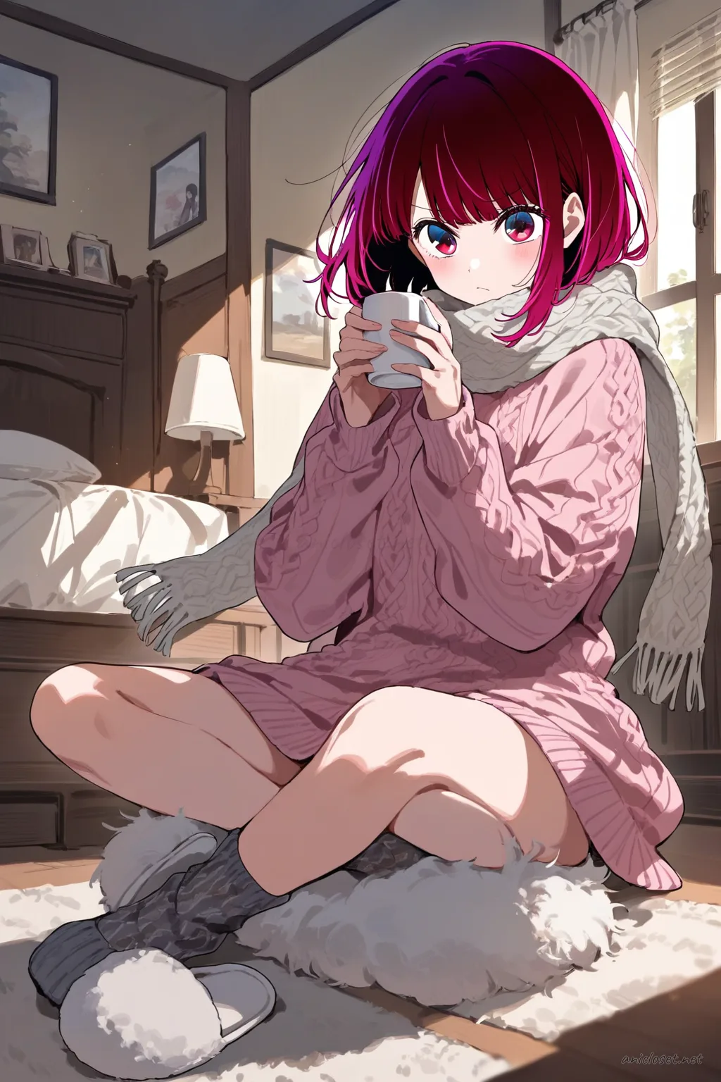 Kana Arima wearing a long knit tunic over patterned leggings with a thick knit scarf, holding a ceramic mug, leaning on a balcony door with rain-streaked glass