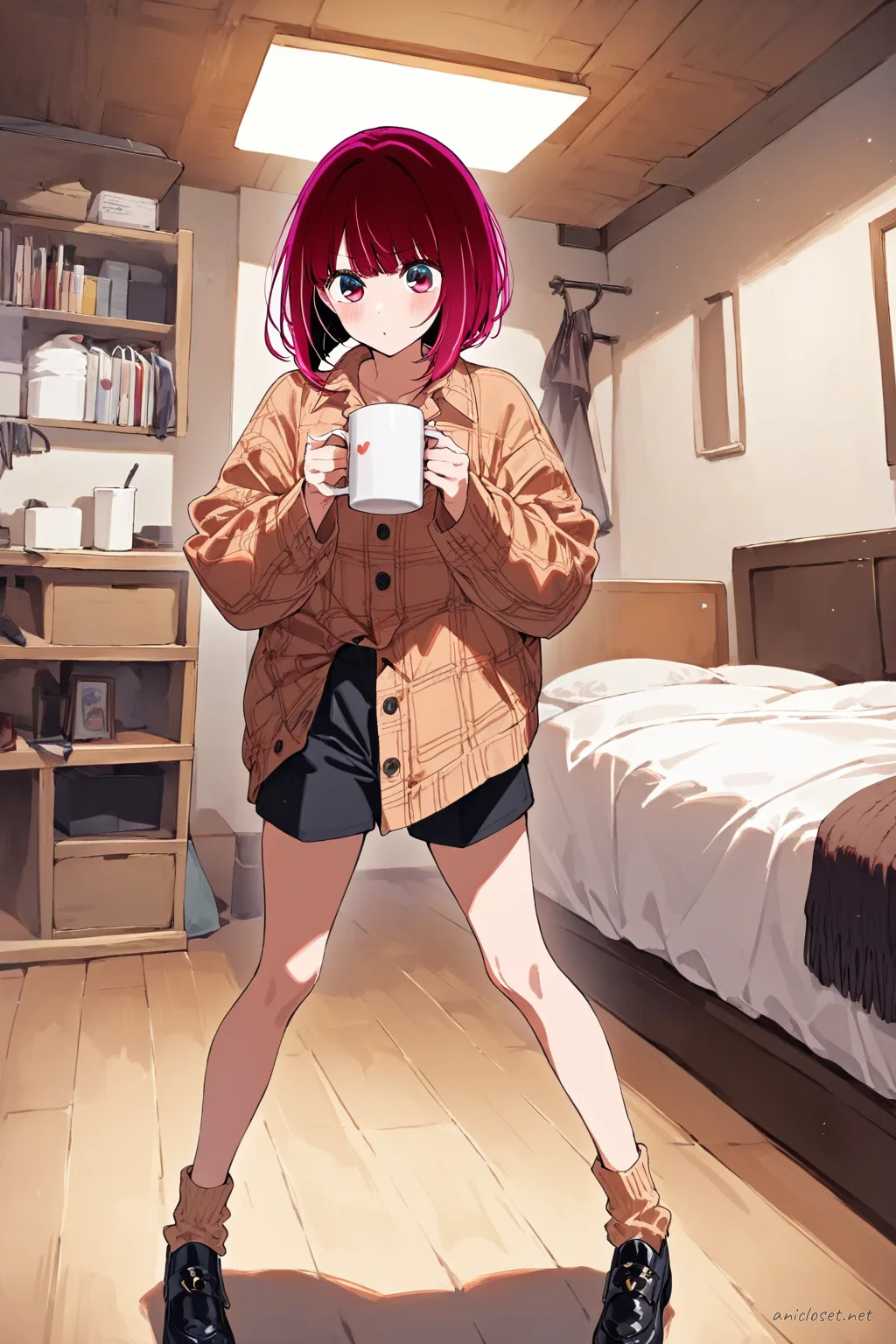 Kana Arima wearing oversized flannel button-up shirt and fitted cotton shorts, holding ceramic mug near vanity mirror with soft morning light