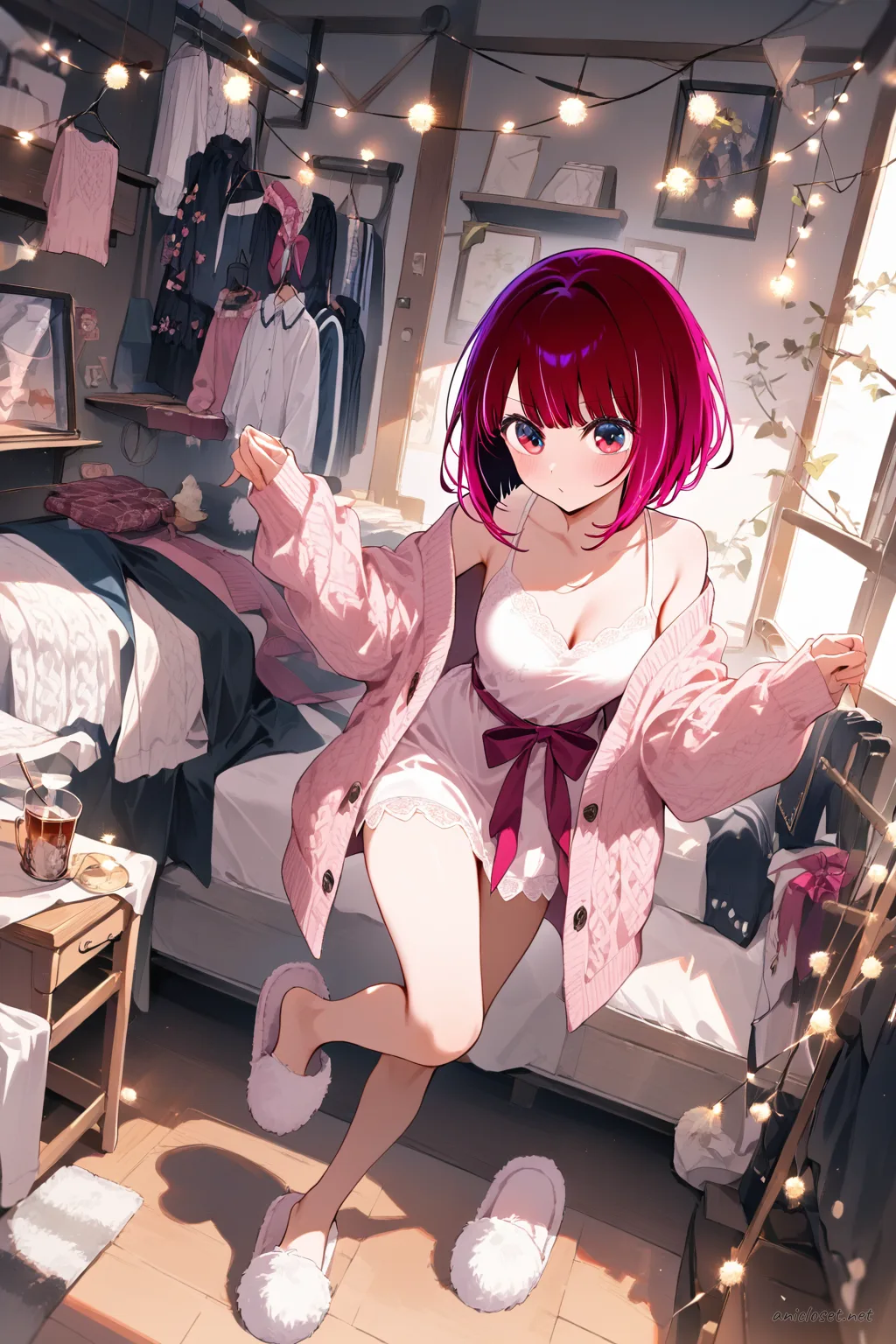Kana Arima in a soft pink knit lounge dress with ribbon waist and lace hem, wearing fluffy slippers, holding a ceramic mug in a bedroom with hanging clothes and string lights