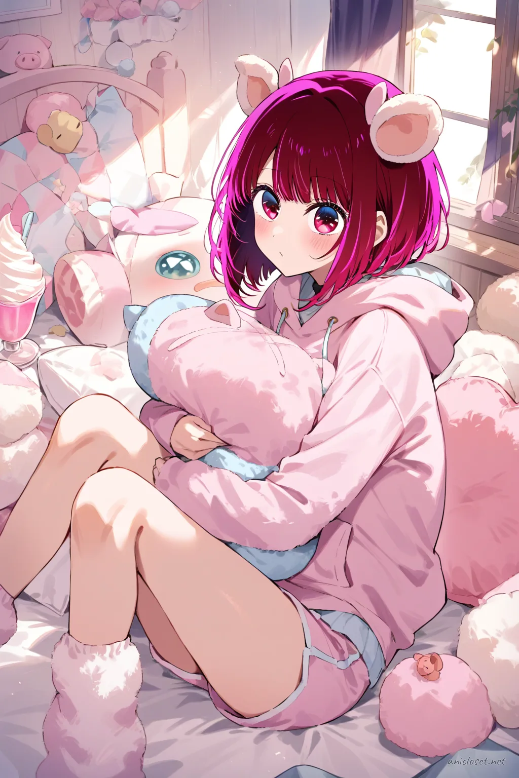 Kana Arima wearing pastel pink animal pajama hoodie with sewn plush pig ears, matching shorts, and fuzzy socks holding a folded blanket pillow fort in living room