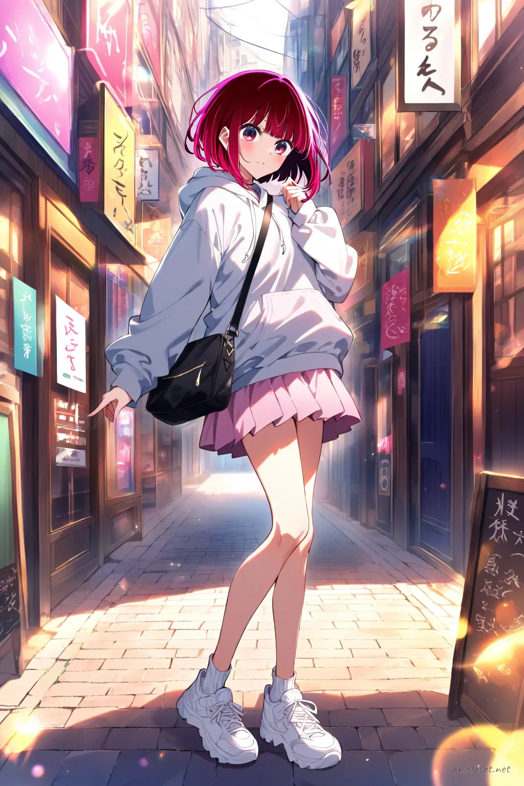 Illustration of Kana Arima in oversized pastel hoodie, pleated mini skirt, striped thighhigh socks, sneakers, and crossbody bag walking on a sunlit shopping street