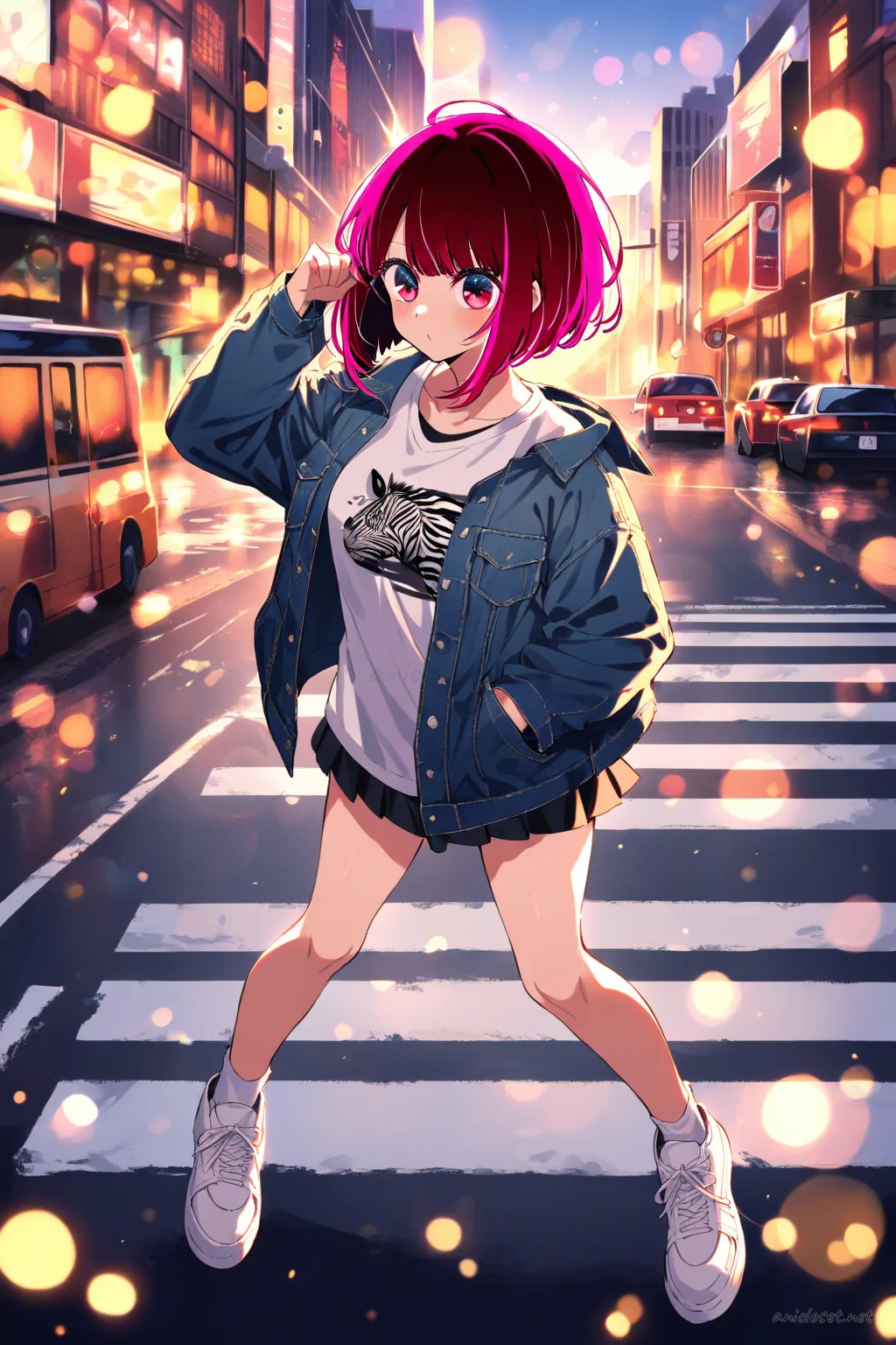 Kana Arima wearing washed denim jacket, graphic tee, black mini skirt, and chunky white sneakers standing at a crosswalk in soft afternoon city light