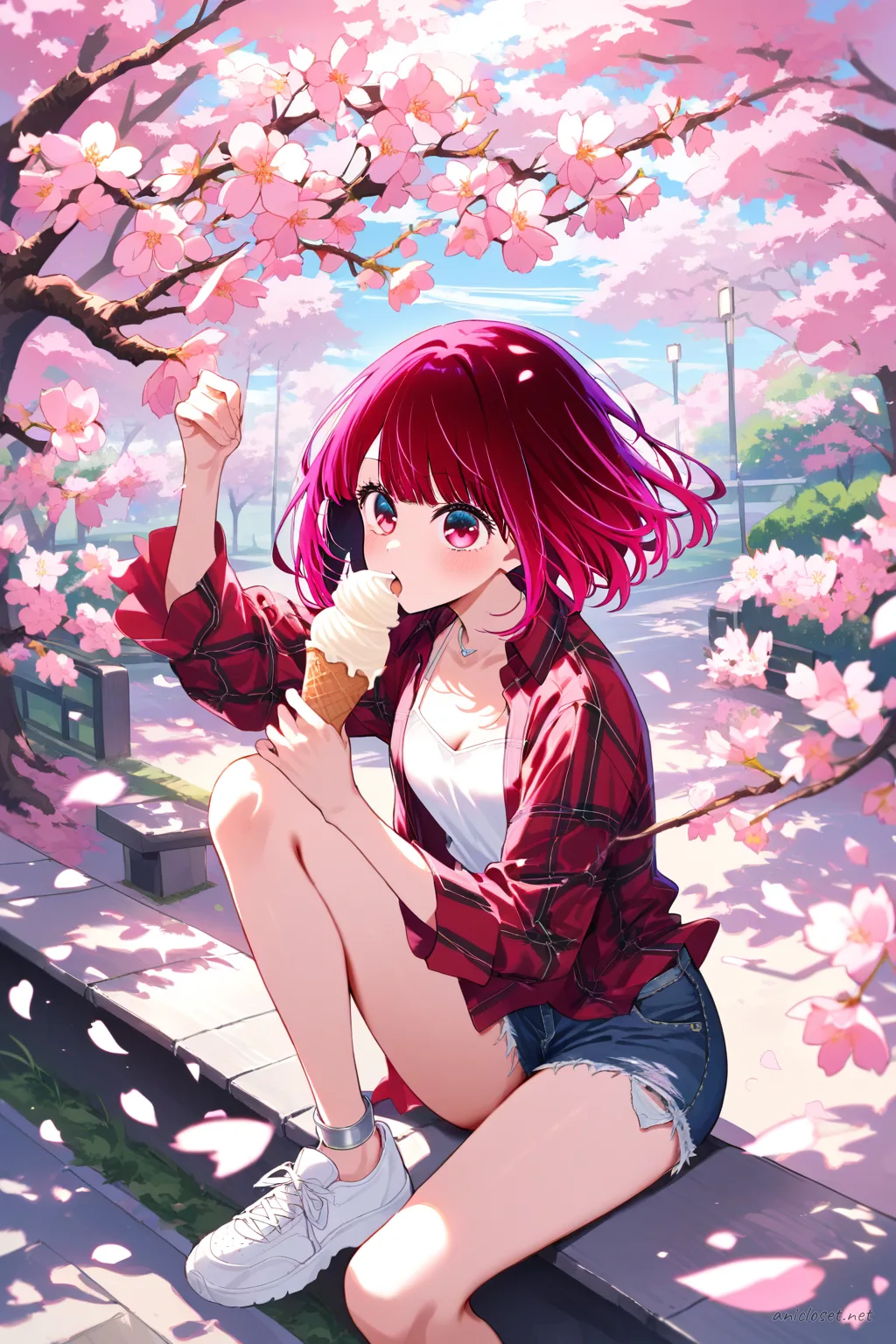 Kana Arima in plaid shirt over camisole, denim shorts, and sneakers sitting on curb with ice cream, cherry trees and park path behind
