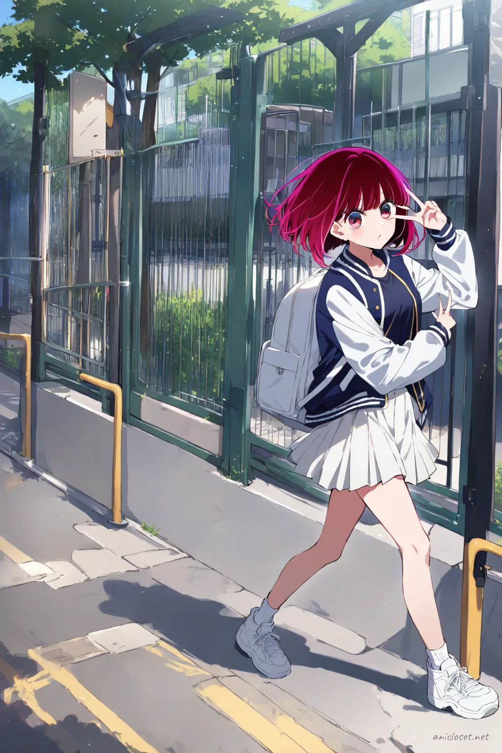 Kana Arima wearing a varsity jacket over white tee, pleated tennis skirt, white sneakers, and over-the-knee socks standing near bike racks in soft afternoon light