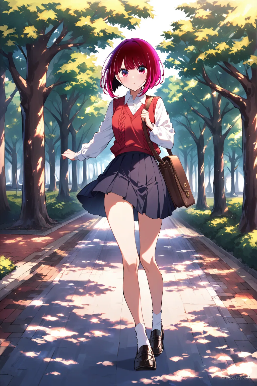 Kana Arima wearing a simple knit sweater, straight mini skirt, loafers, and carrying a small shoulder bag, walking under a sunlit tree-lined street