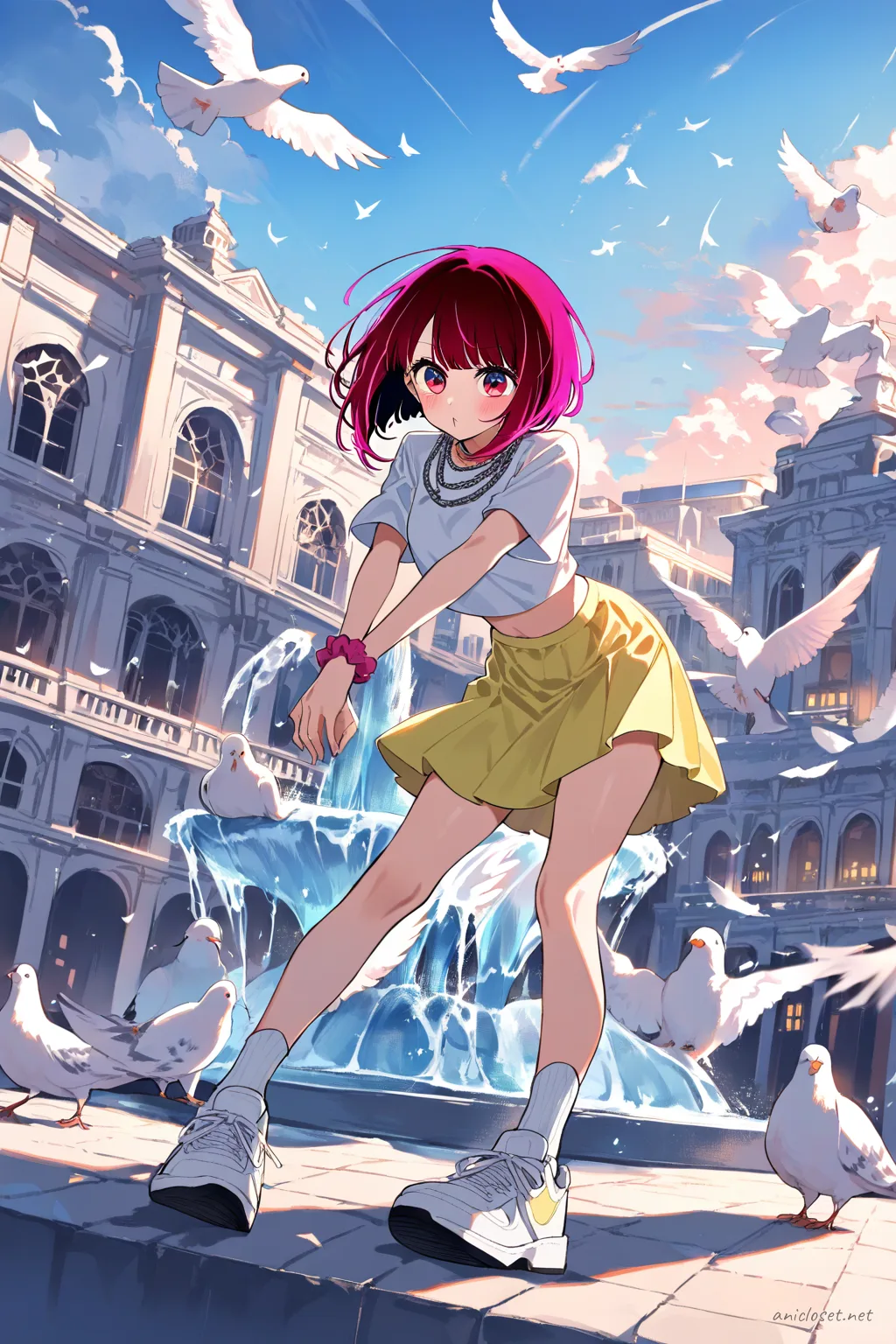 Kana Arima standing full body front view wearing a white cropped tee, black tennis skirt, white sneakers, and a single scrunchie in an open plaza under bright sky