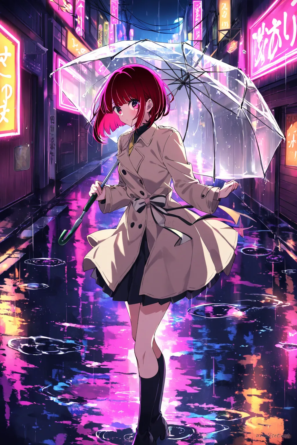 Kana Arima in pastel beige trench coat, ribbon belt, pleated skirt, mid-calf boots, holding clear umbrella walking on wet city street