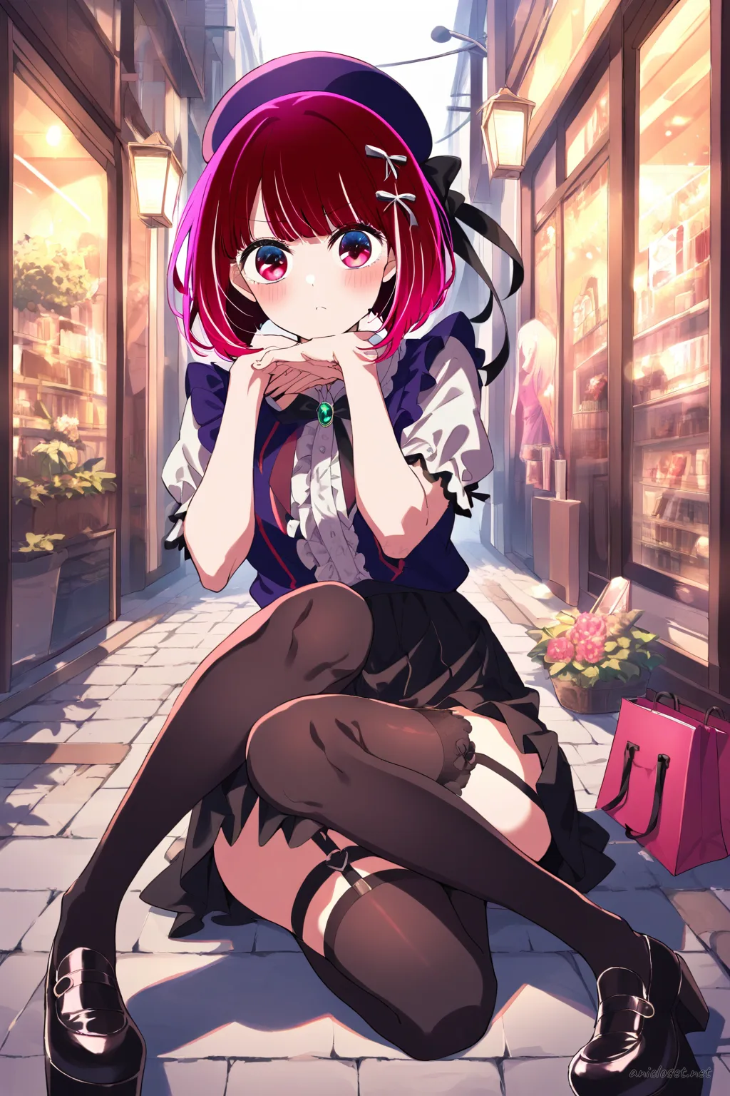 Illustration of Kana Arima in a shiny black cropped jacket, cropped graphic tee, low-rise cargo mini skirt, chunky boots, and chain belt, posed in a neon-lit alley
