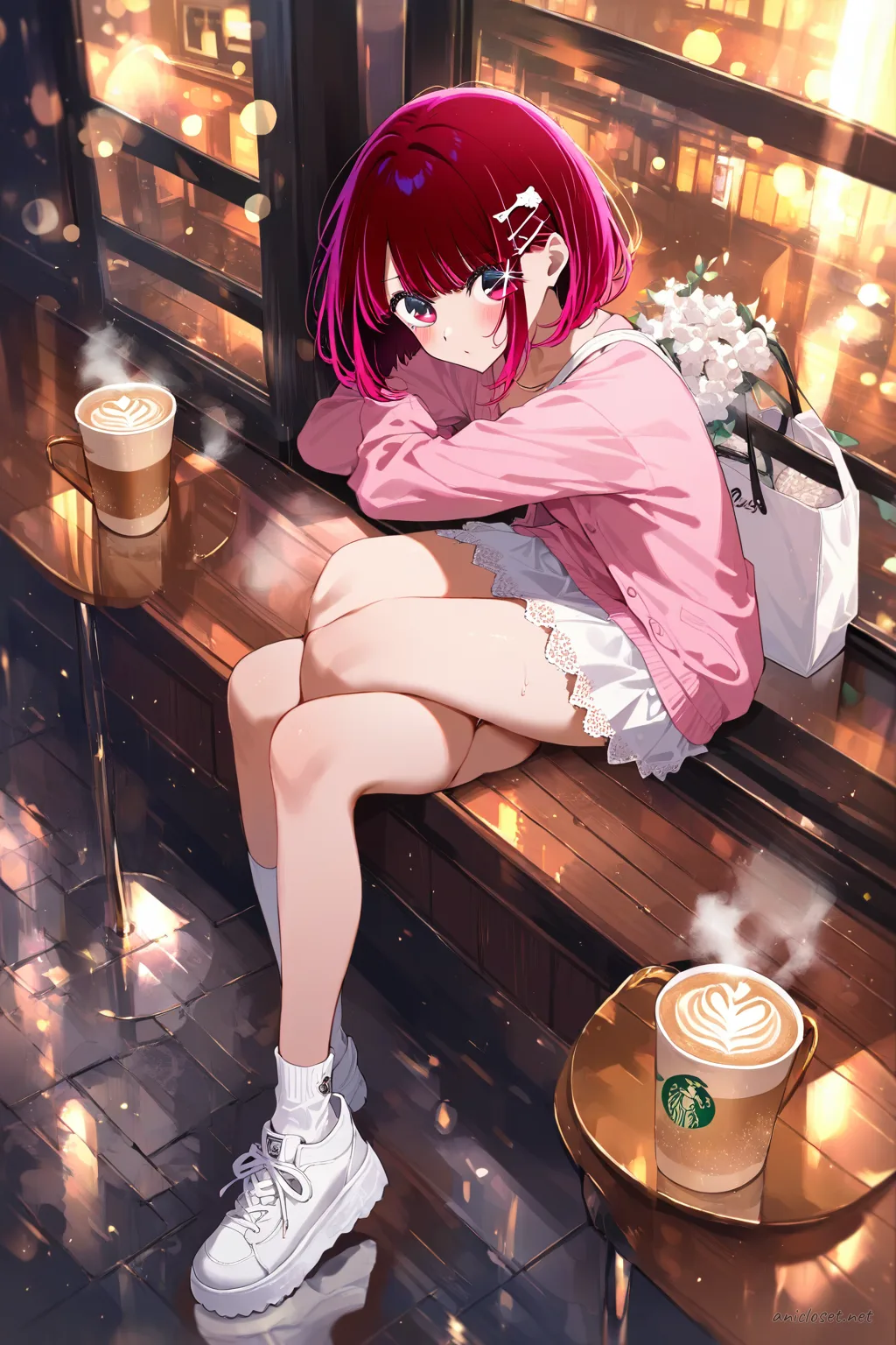 Kana Arima seated by a cafe window wearing pastel pink cardigan, white ruffled mini skirt, white blouse, pastel tote bag, and colorful hair clips with steam latte on table