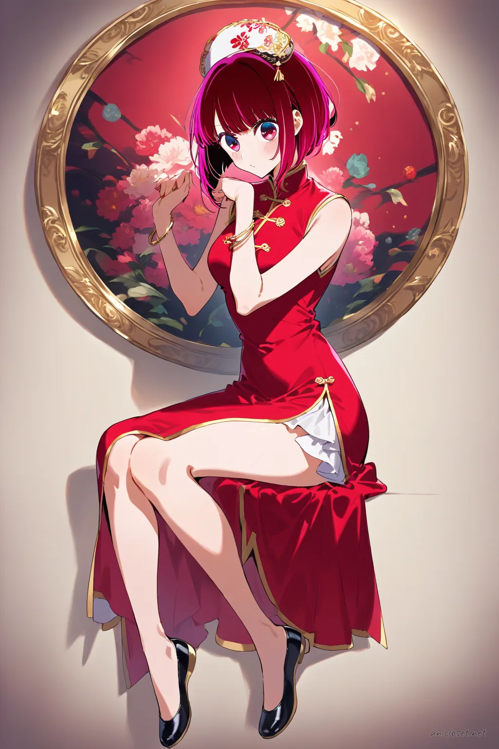 Full-body illustration of Kana Arima standing in a classic red China dress with gold trim and frog buttons, black flats, on a clean studio backdrop